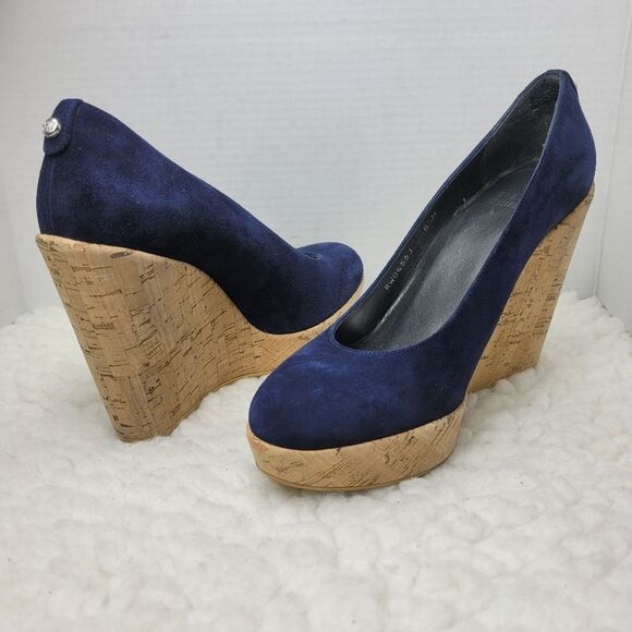 Stuart Weitzman Women's Cork Wedge Shoes Size 8.5 Navy Blue Suede Shoes - Picture 6 of 9